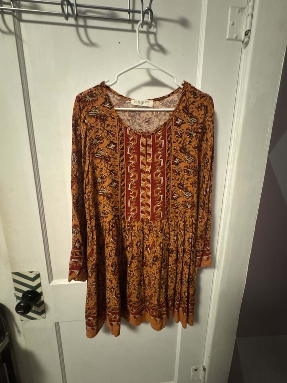 Audrey 3+1 Boho Floral Print Long Sleeve Babydoll Mini Dress Mustard Gold